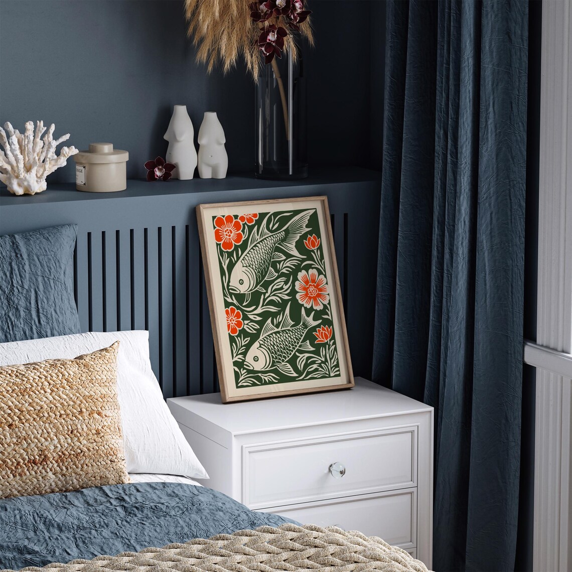 Japanese Koi Fish Pair Red Floral Green Linocut Style Art Poster - Image 5