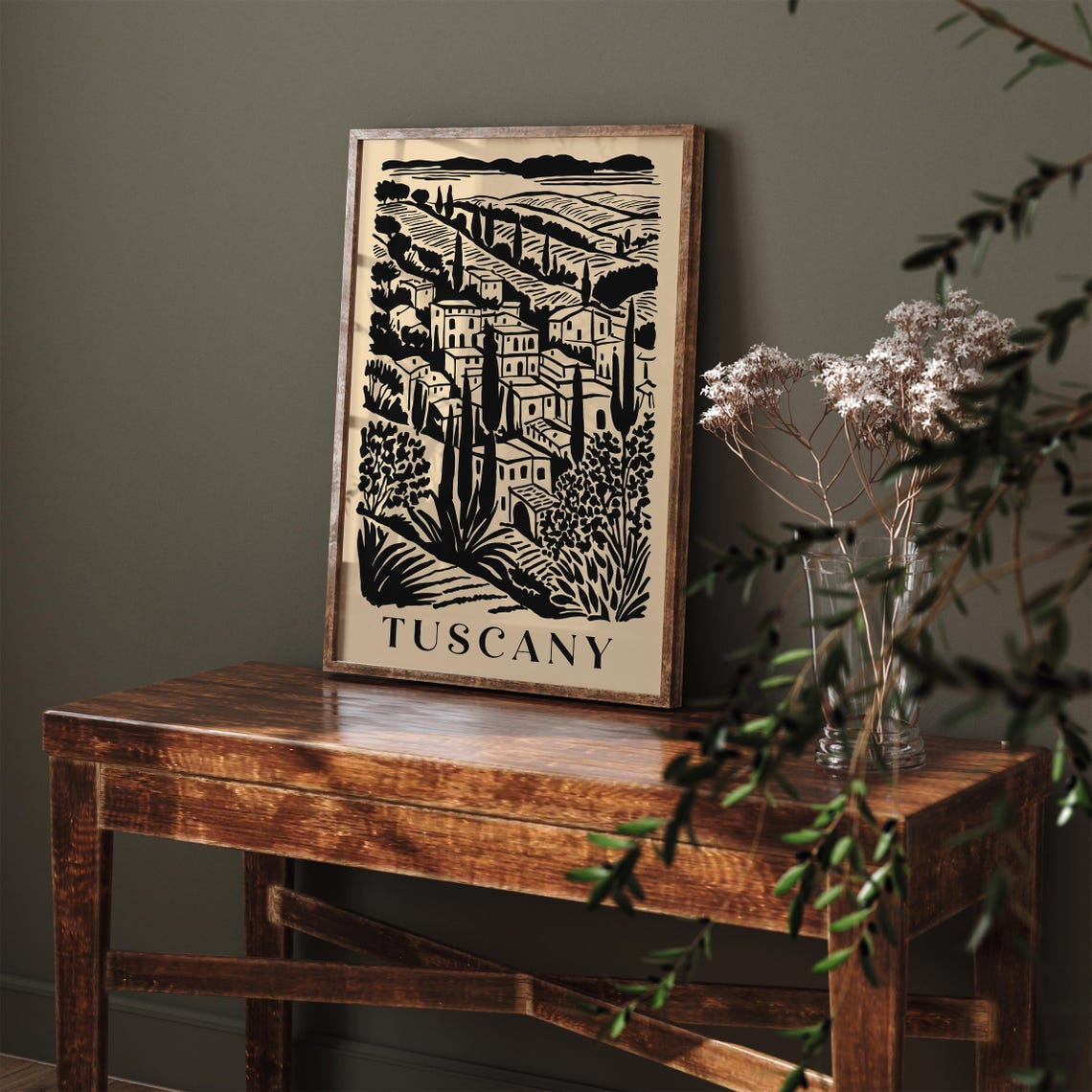 Tuscany Hill Town Black Ink Vintage Italy Travel Poster Rustic Decor - Image 2