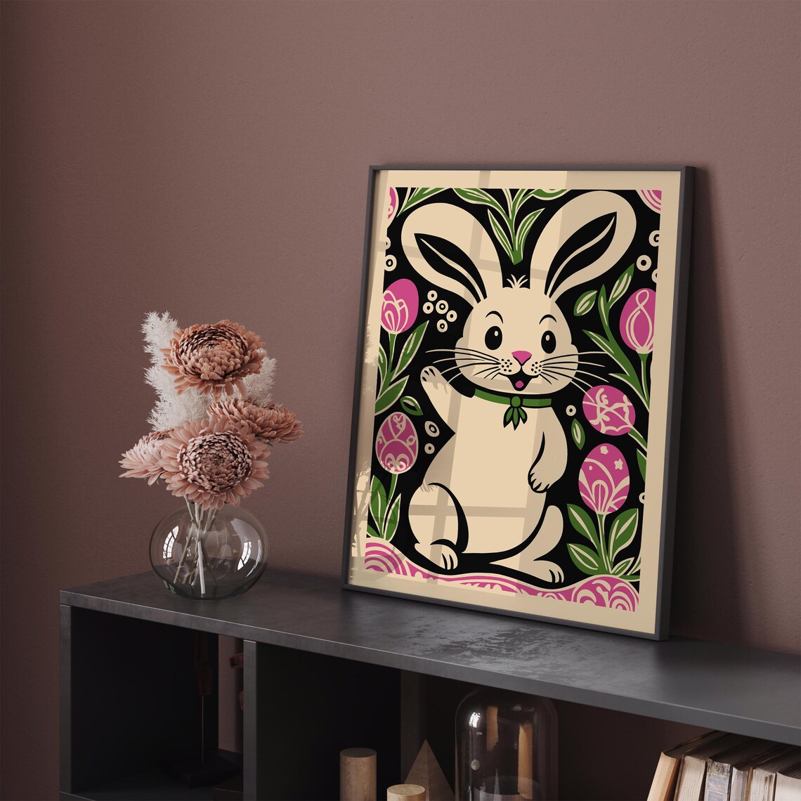 Cute Easter Bunny Pink Tulip Floral Whimsical Nursery Wall Decor Poster - Image 2