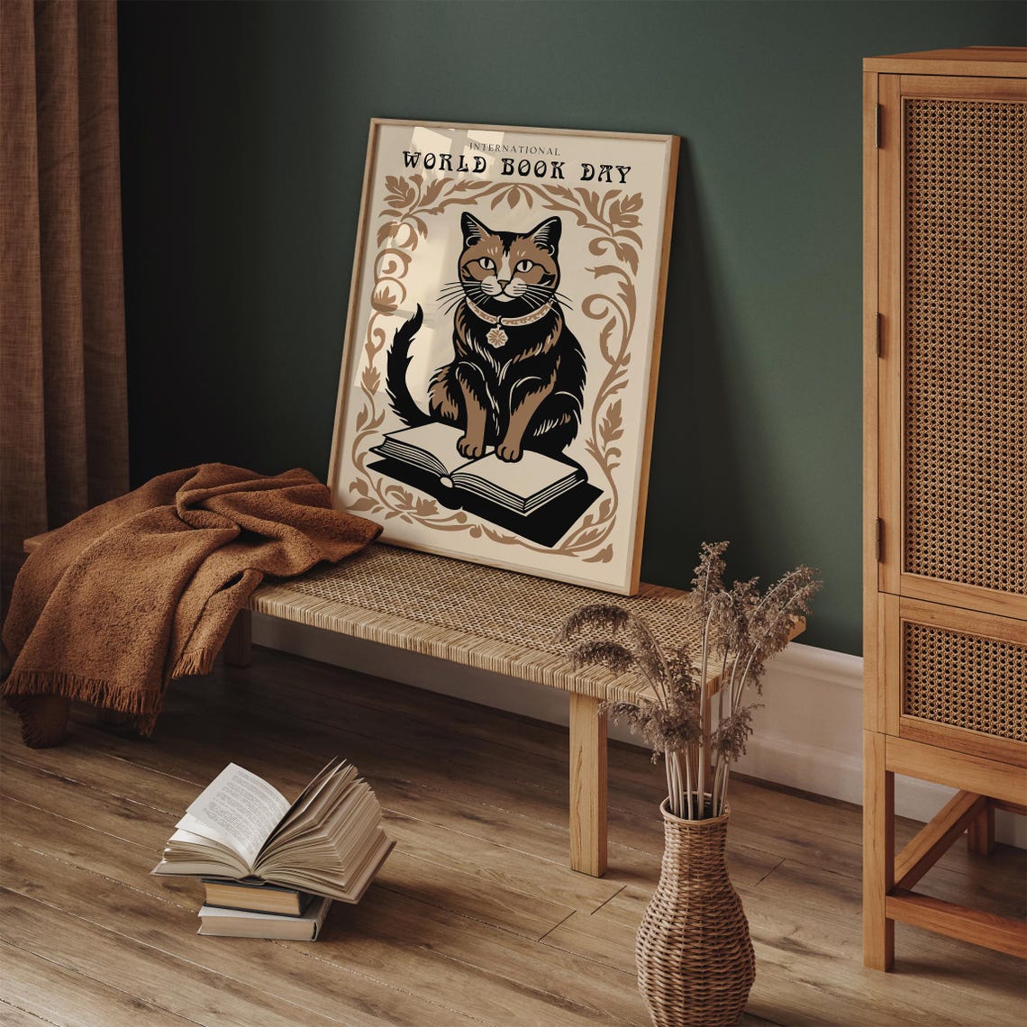 World Book Day Cat Sitting on Book Vintage Whimsical Art Poster - Image 4