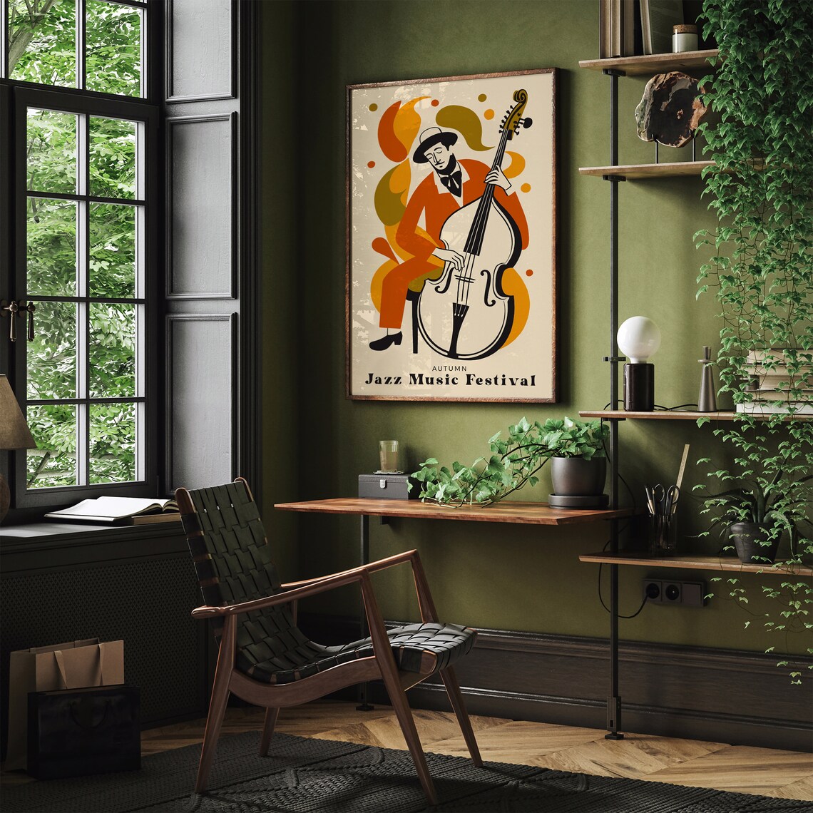 Autumn Jazz Music Festival Double Bass Player Retro Art Poster - Image 2