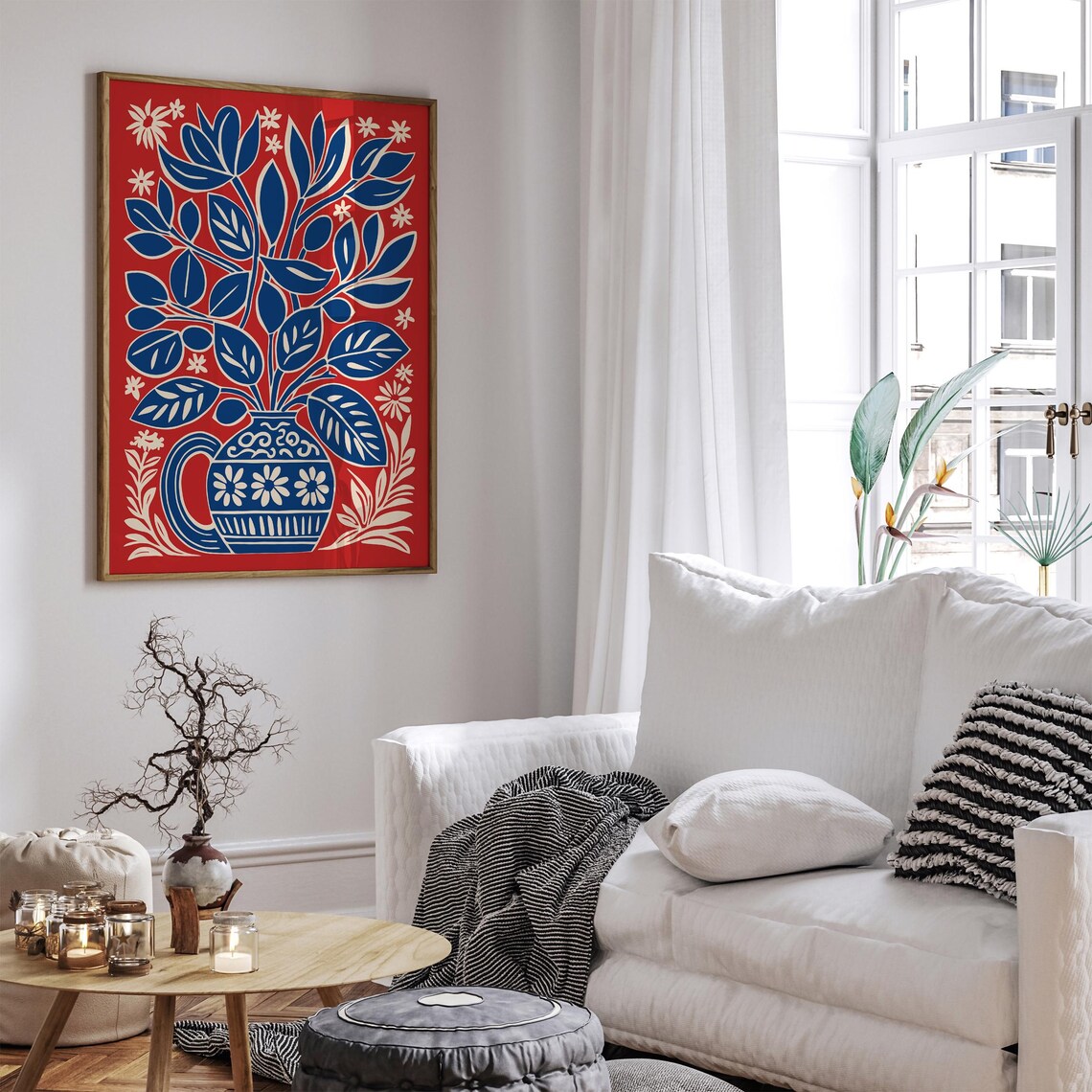 Bold Red Floral Bouquet Paper Cut Botanical Blue Vase Poster - Image 5