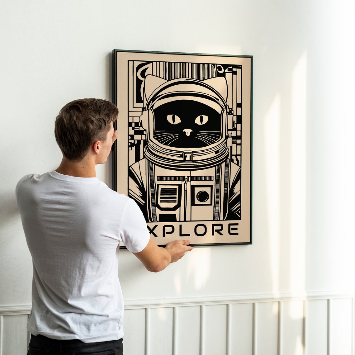 Astronaut Cat Explore Space Black Beige Fun Kids Room Decor Poster - Image 3