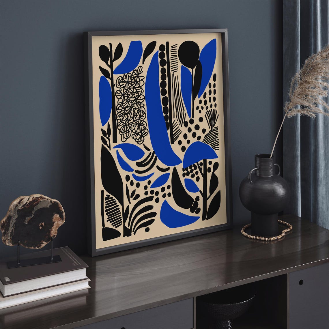 Abstract Botanical Blue Black Minimalist Modern Art Decor Poster - Image 4