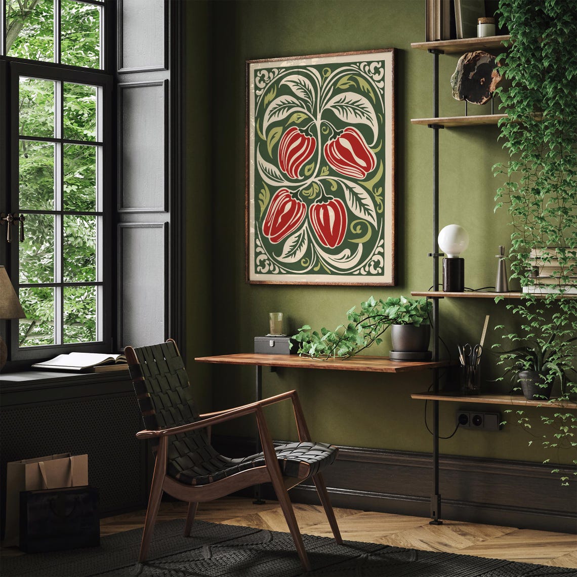 Red Peppers Poster Green Rococo Kitchen Wall Art Modern Vegetable Bohemian Pepper Art Bold Stylized Kitchen Design Farmhouse Decoration - Image 2