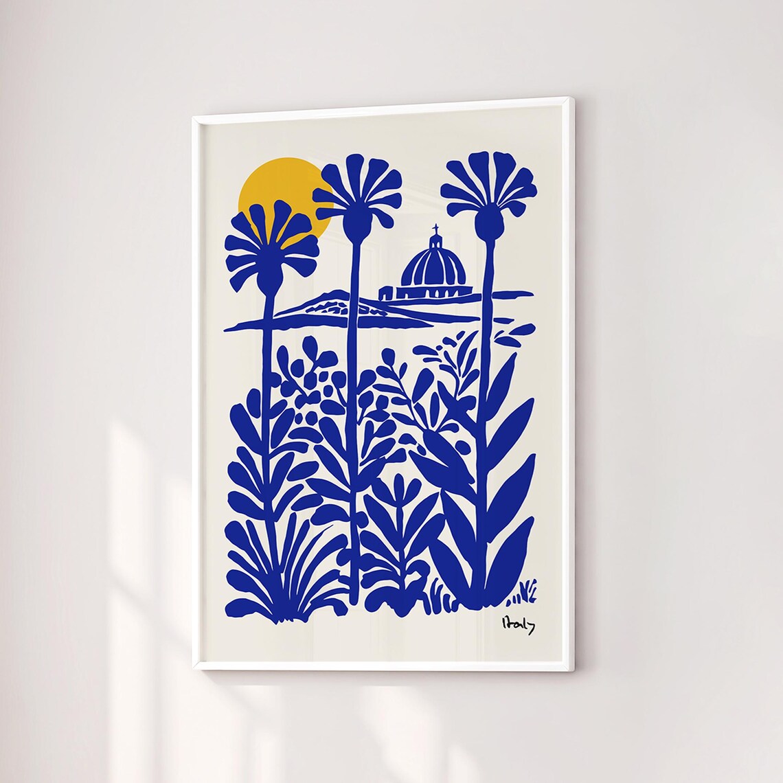 Blue Botanical Italian Coast Poster With Dome And Golden Sun
