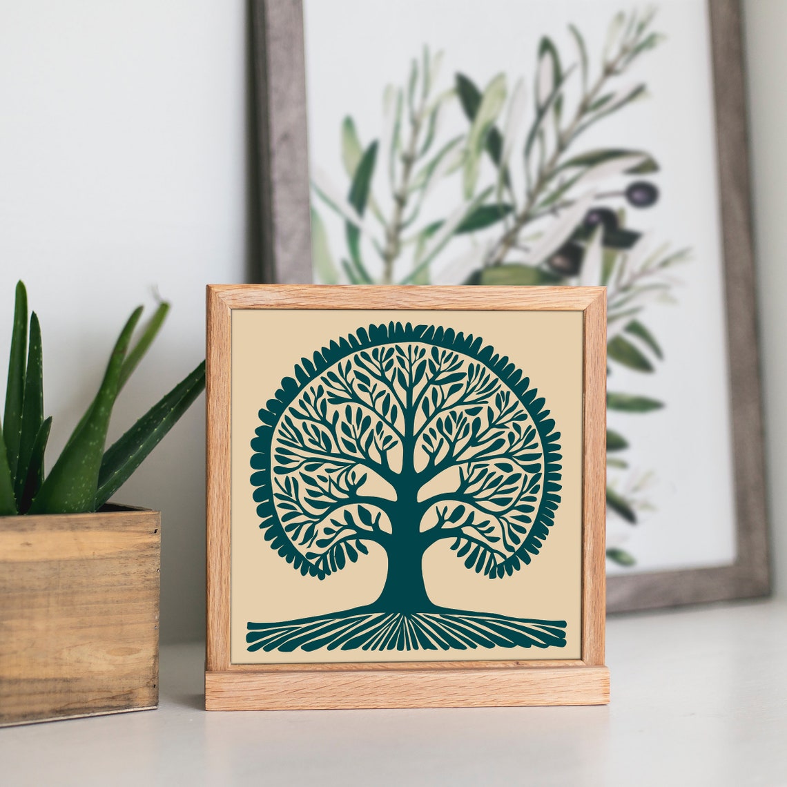 Teal Tree of Life Symmetrical Botanical Square Folk Style Poster - Image 4