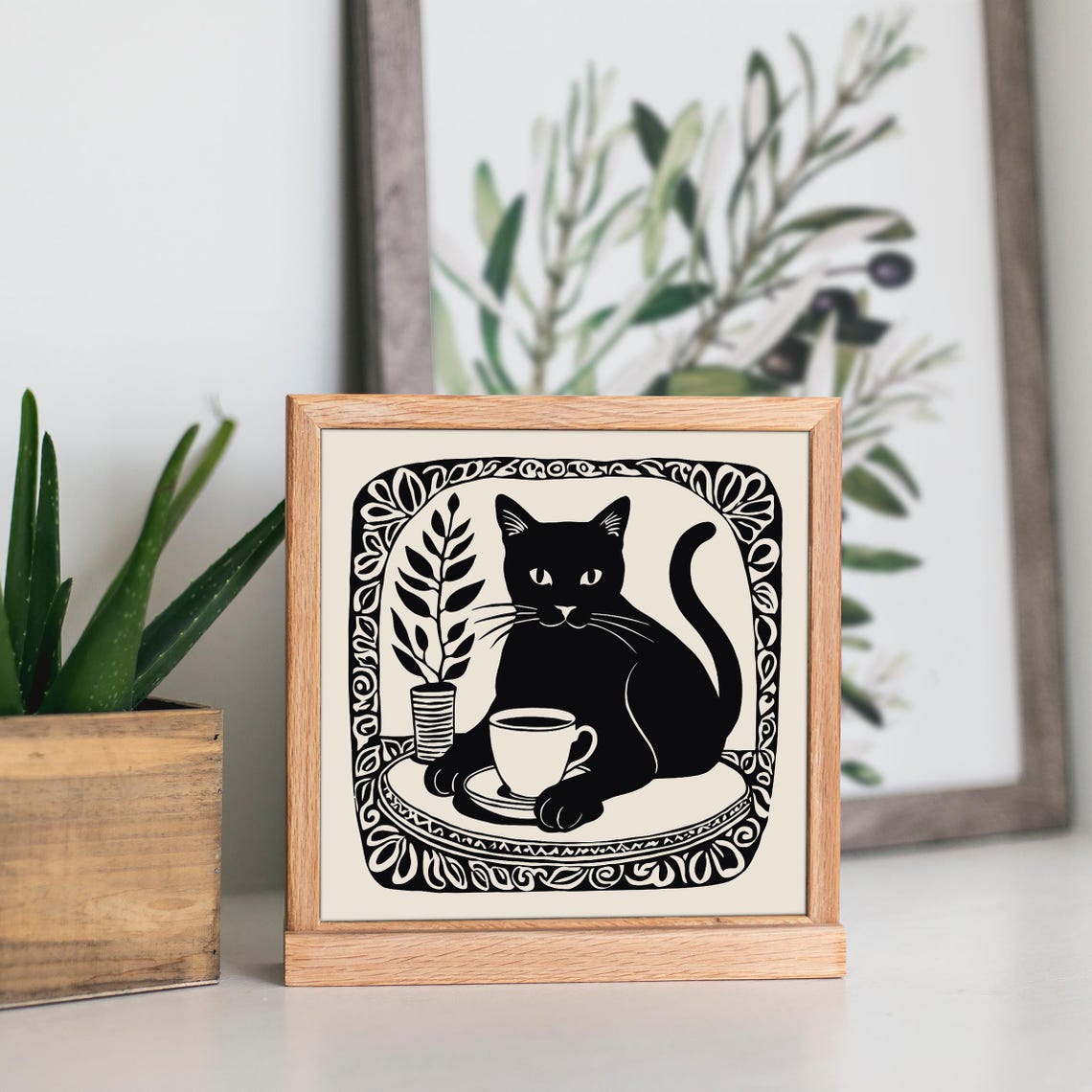 Cozy Black Cat With Coffee Cup Black and White Linocut Art Print - Image 5
