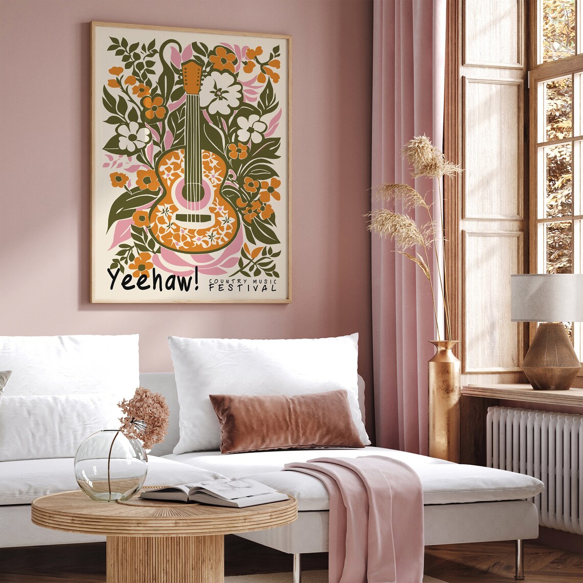 Vintage Yeehaw Country Music Festival Orange Floral Guitar Poster - Image 5
