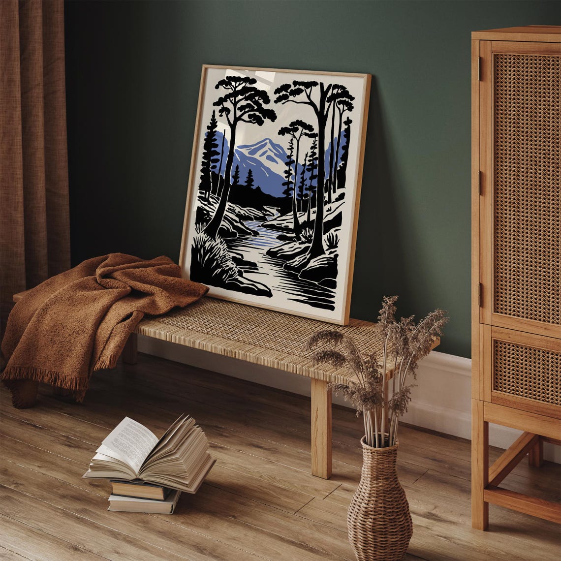 Mountain Forest Stream Woodcut Style Poster in Black Blue and Cream - Image 2