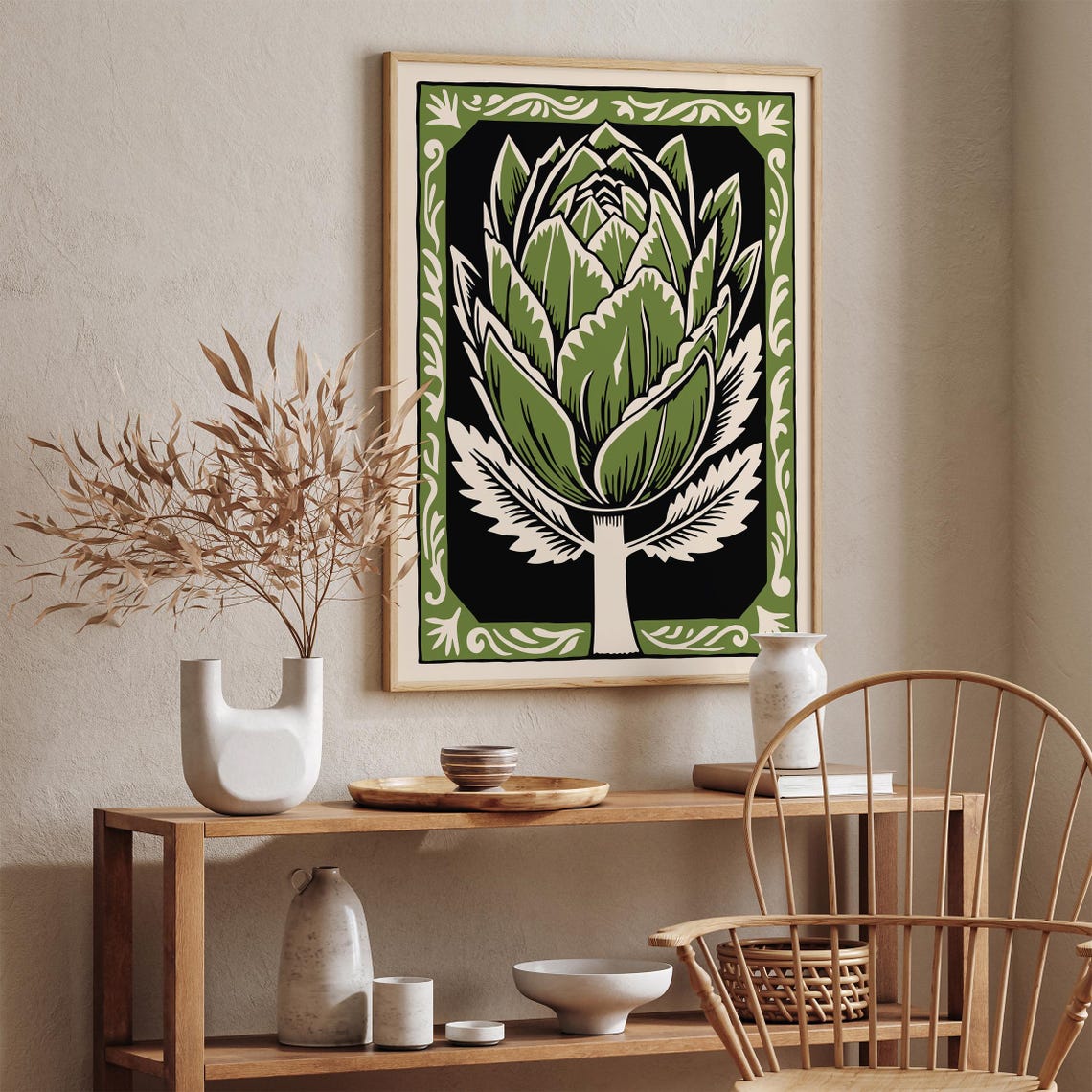 Green Artichoke Linocut in Ornate Border Farmhouse Kitchen Poster - Image 3