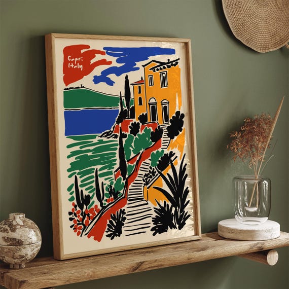 Modern Capri Coastal Art Print Bold Landscape Poster Vibrant Italian Riviera Wall Art Retro Island Travel Print Scenic Beach Poster
