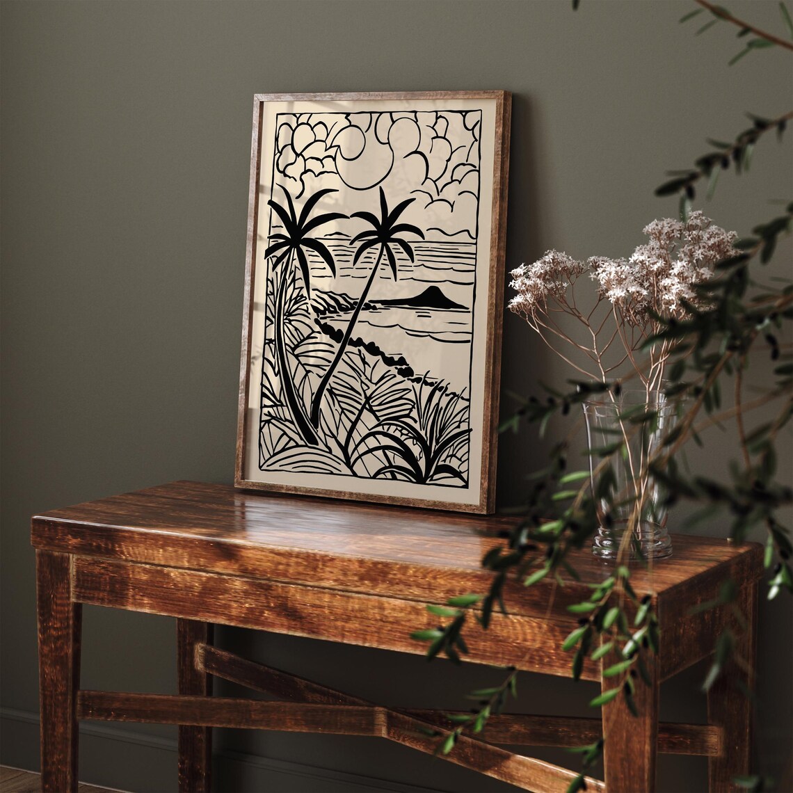 Thailand Palm Beach Black Beige Linocut Minimalist Travel Poster - Image 4