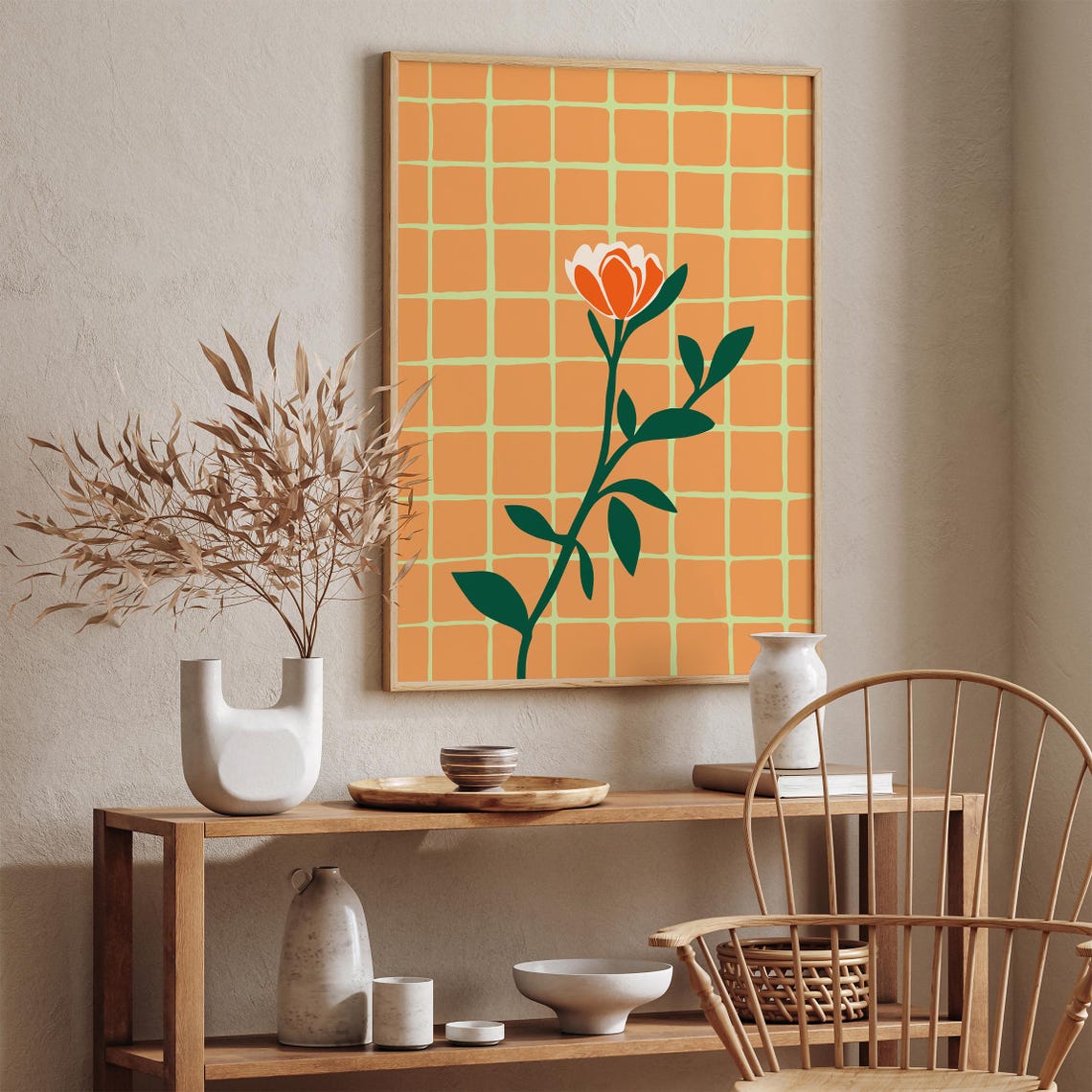 Retro Orange Flower Pop Art Poster on Warm Checkered Grid Background - Image 2
