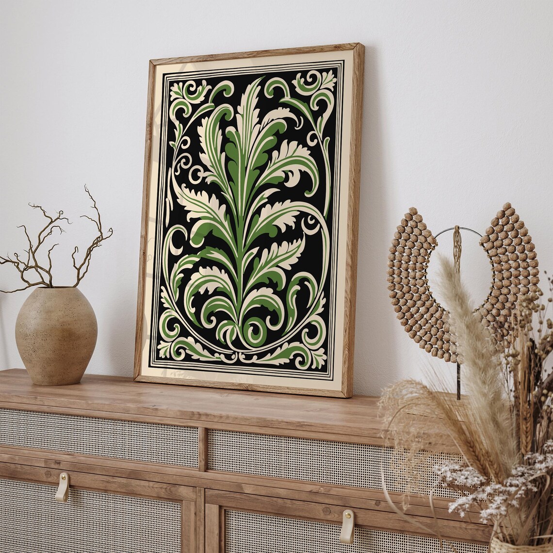 Green Acanthus Leaf Baroque Ornament on Black Classic Vintage Poster - Image 2