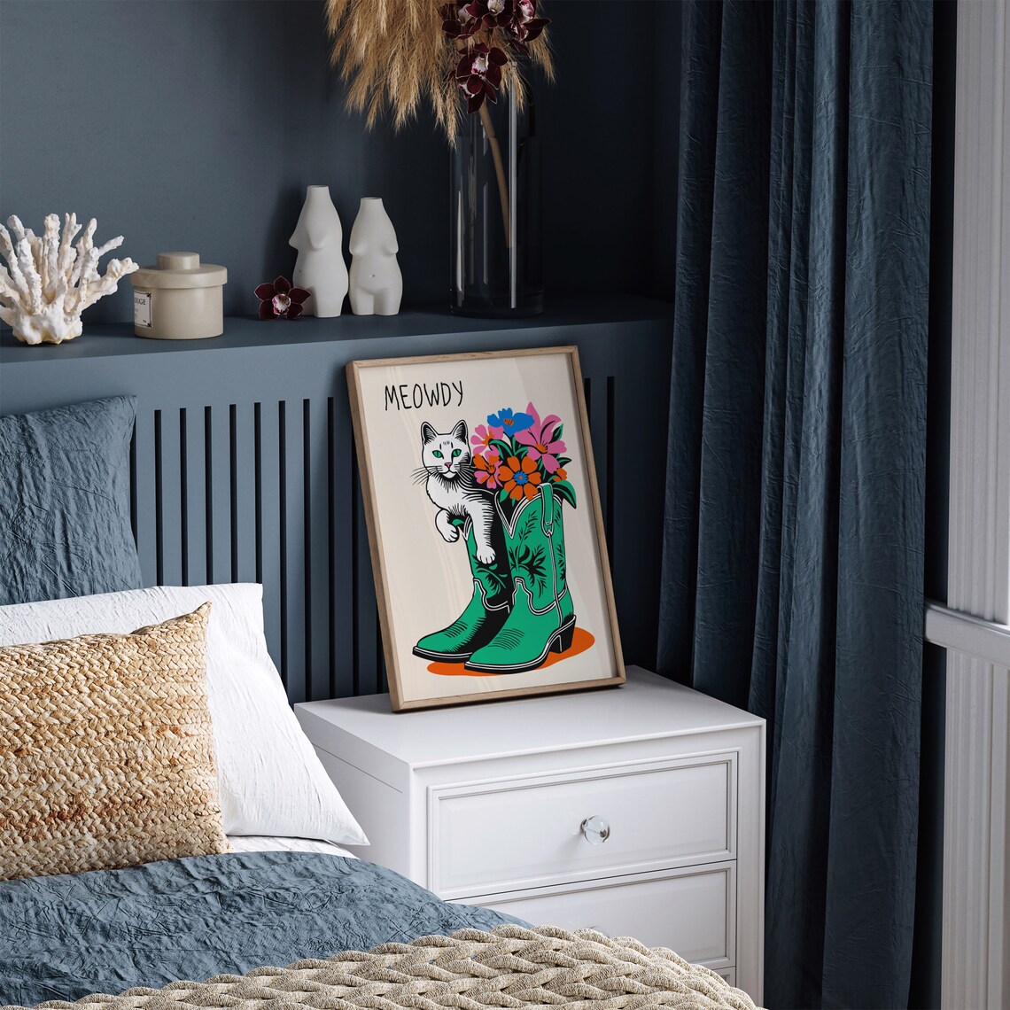 Meowdy Funny White Cat Green Cowboy Boots Wildflower Art Poster - Image 3