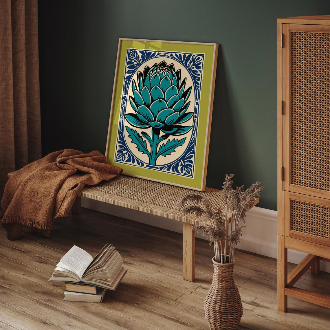 Green Artichoke Botanical Blue Frame Modern Kitchen Wall Poster - Image 5