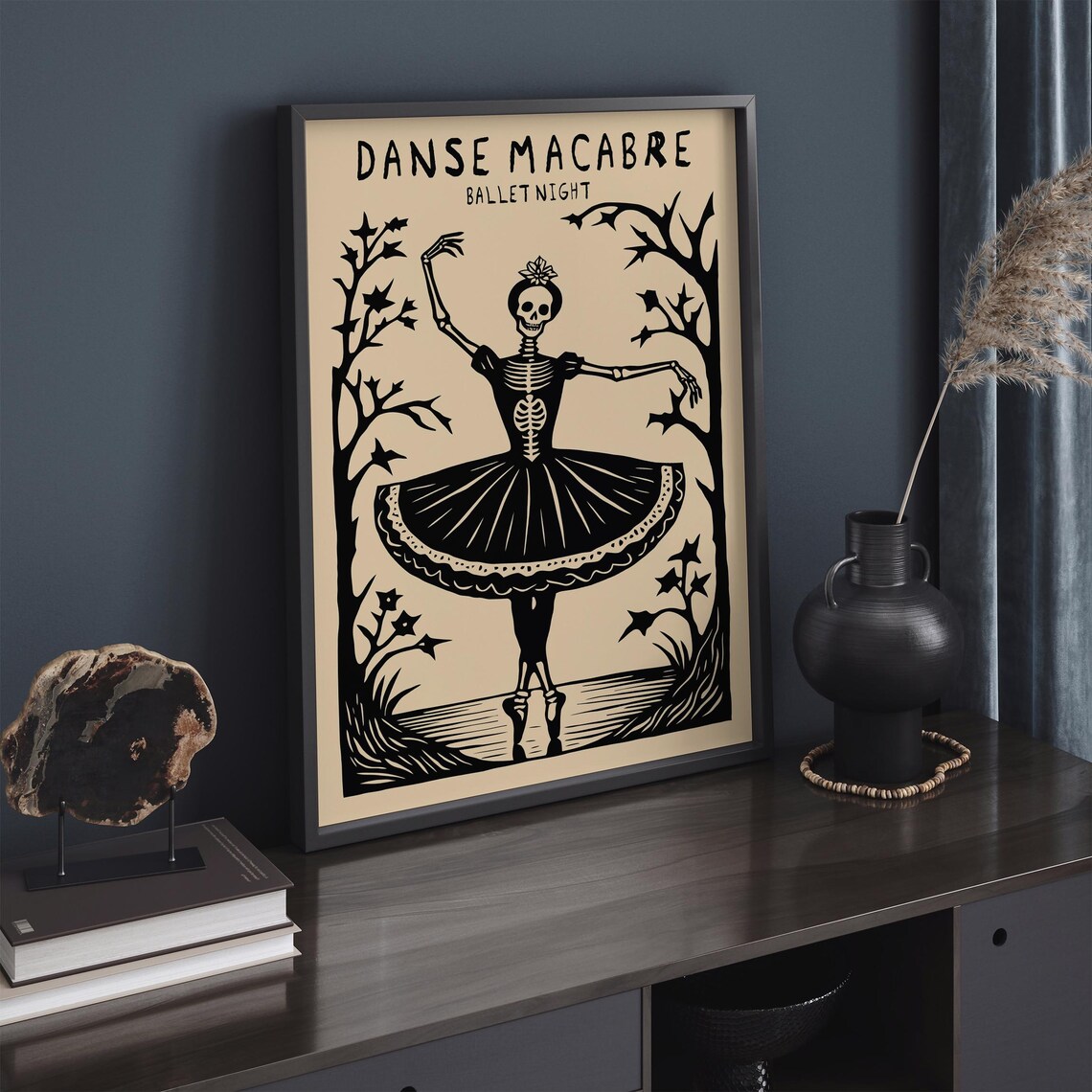 Spooky Danse Macabre Ballet Night Skeleton Ballerina Woodcut Poster - Image 2