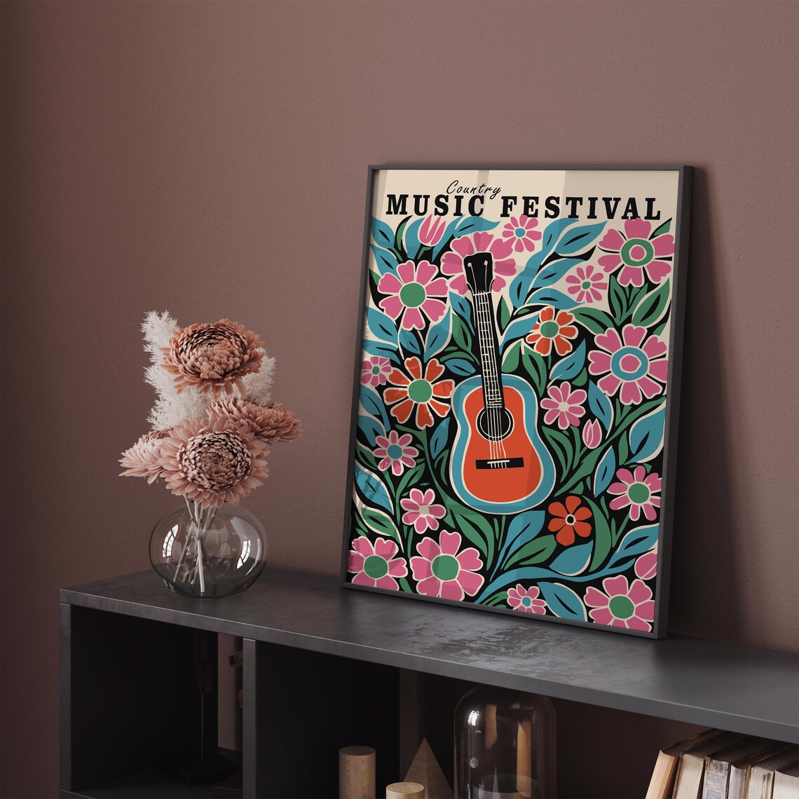 Country Music Festival Colorful Floral Guitar Retro Style Poster - Image 2