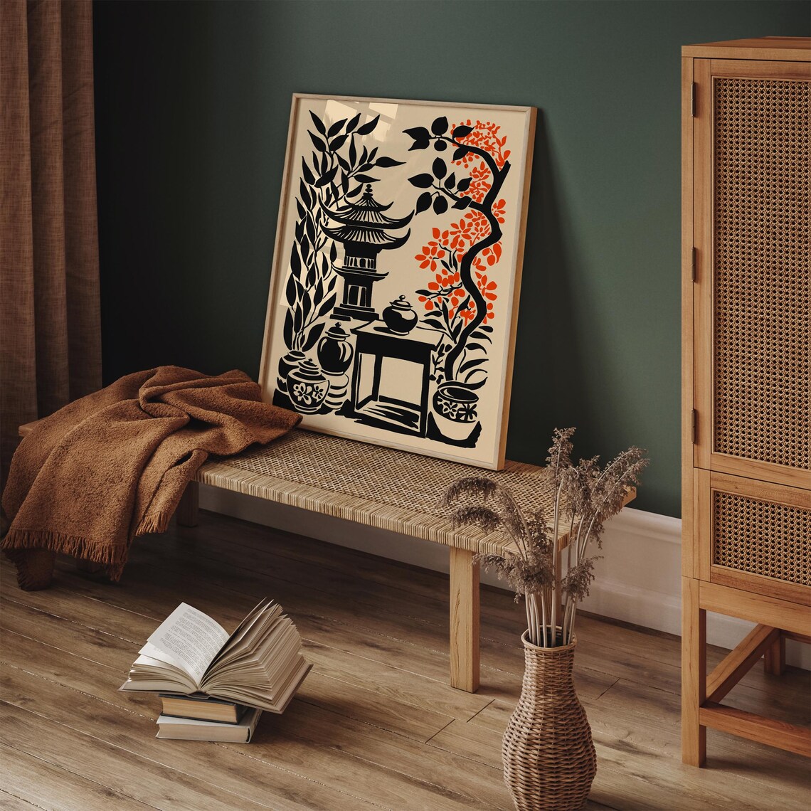Kyoto Pagoda Black Ink Japanese Zen Still Life Poster Red Blossoms - Image 5