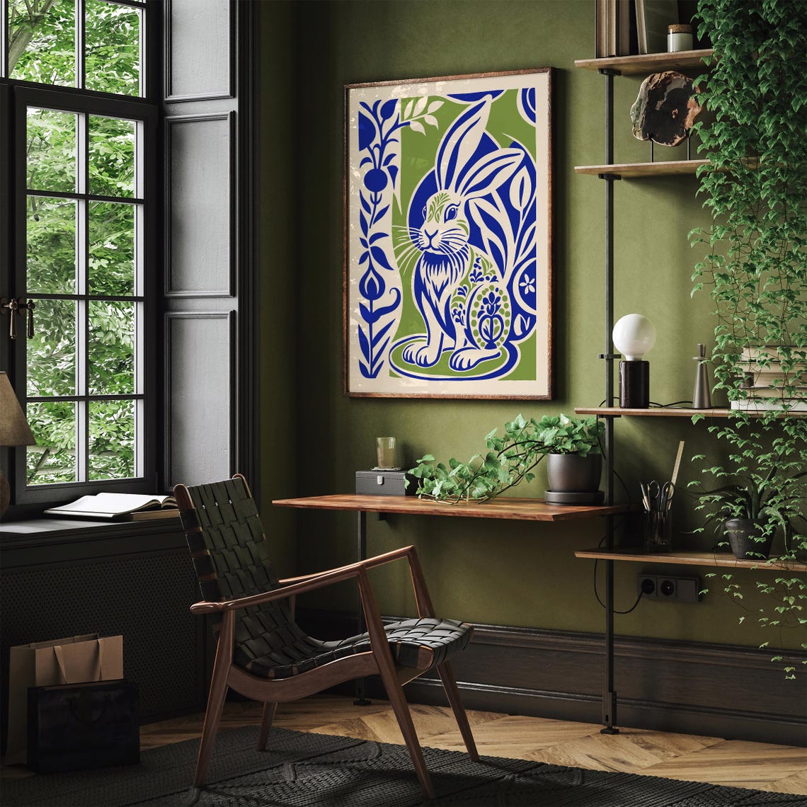 Blue Green Botanical Rabbit Modern Boho Nature Wall Decor Poster - Image 2