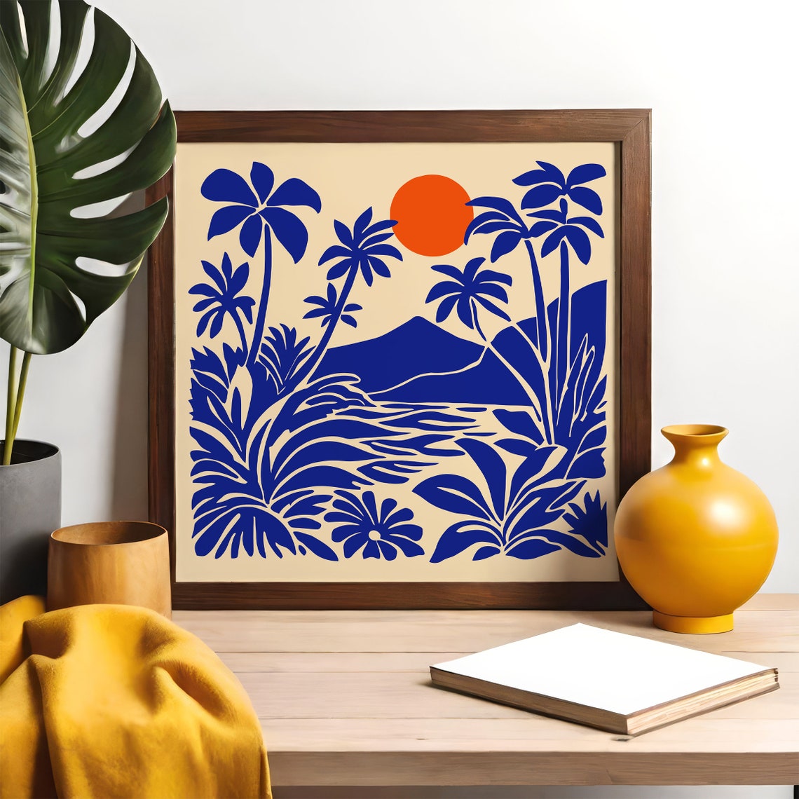 Tropical Sunset Poster With Blue Palms And Blazing Orange Sun - Image 4