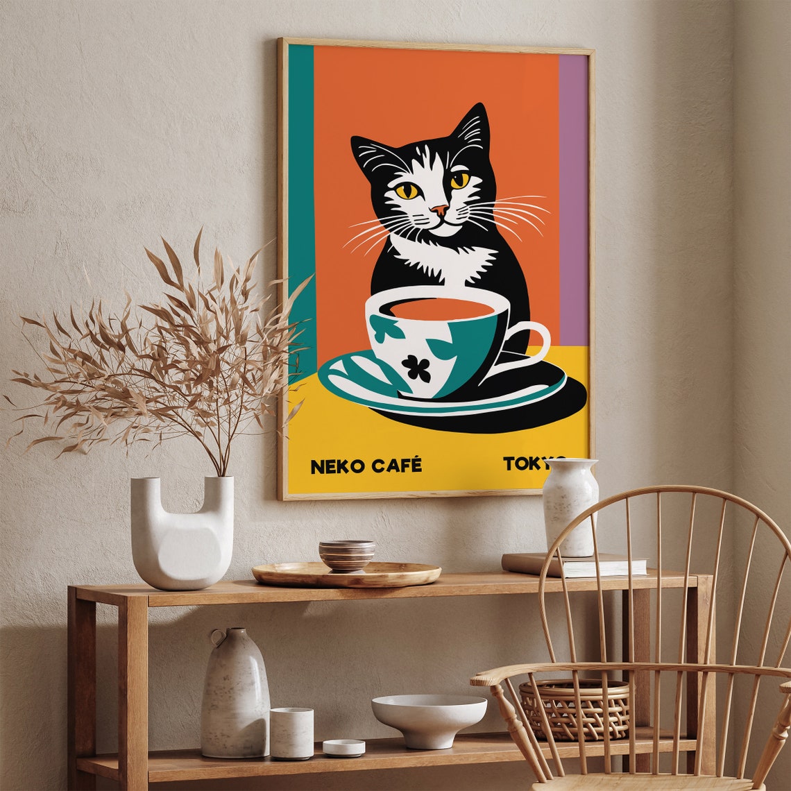 Tokyo Neko Café Black Cat With Teacup Bold Retro Pop Art Poster - Image 5