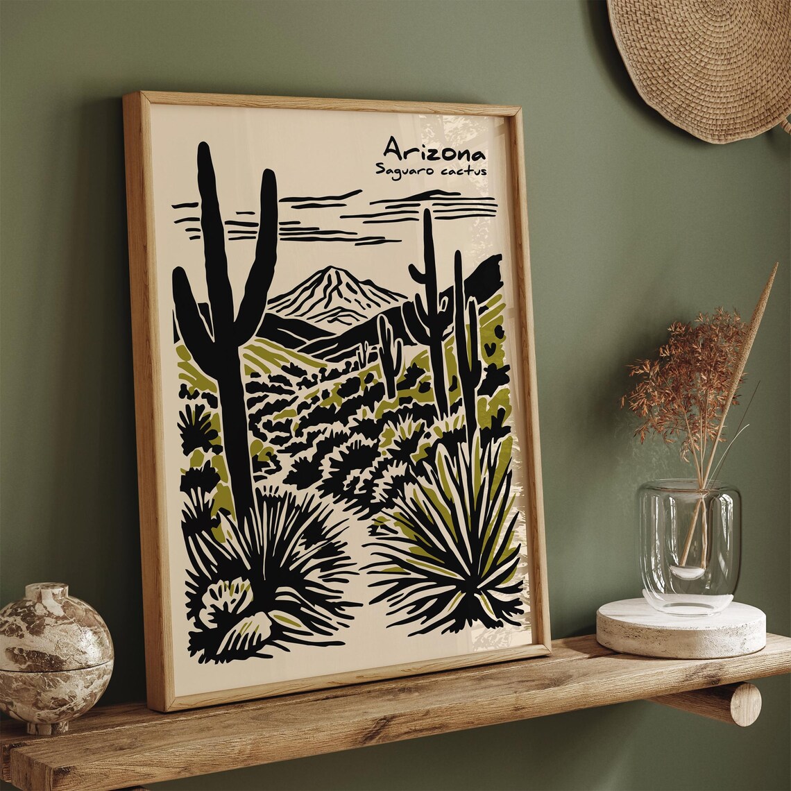 Arizona Saguaro Cactus Desert Landscape Linocut Travel Poster - Image 3