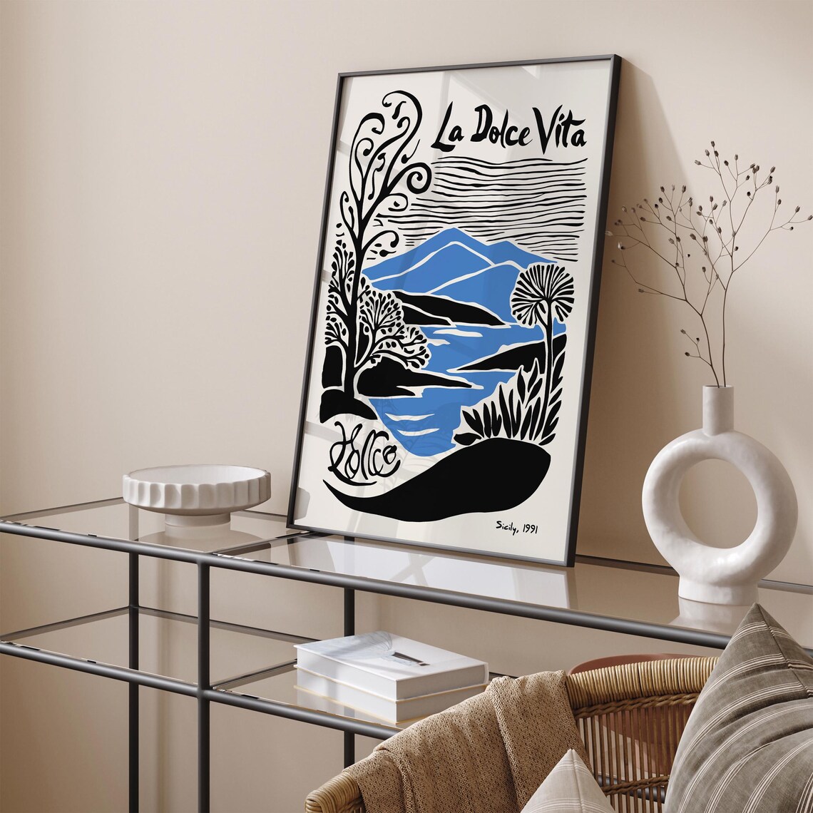 La Dolce Vita Sicily 1991 Blue Coastal Mountain Travel Poster - Image 6