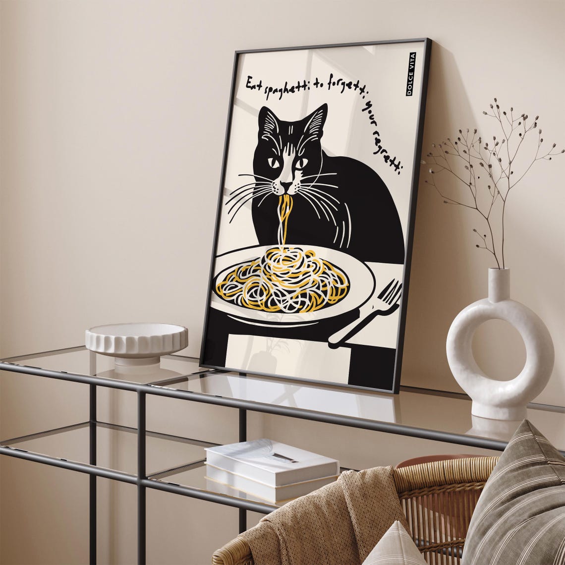 Black Cat Spaghetti Poster Dolce Vita Eat Spaghetti To Forget Regretti - Image 2