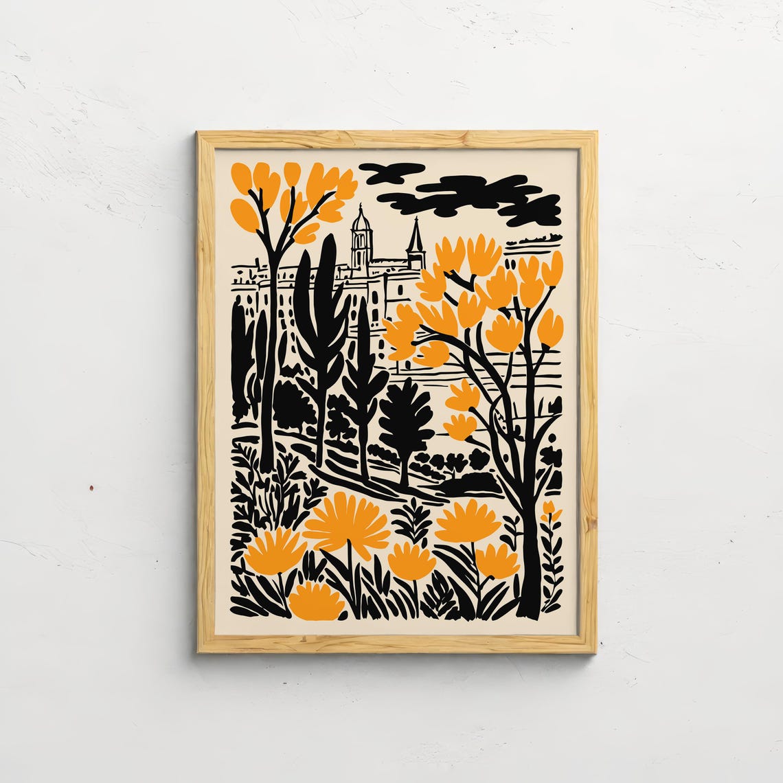 French Countryside Church Poster With Black and Orange Autumn Trees