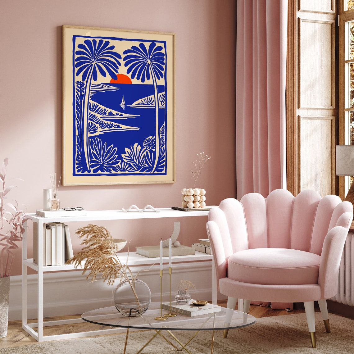 Tropical Sunset Sailboat Blue Linocut Style Coastal Scene Poster - Image 3
