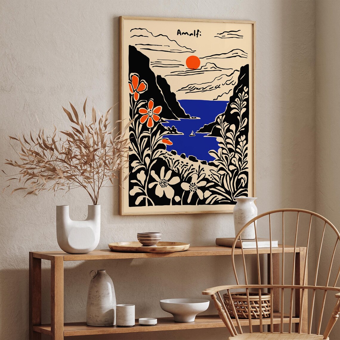 Amalfi Coast Sunset Flowers Sailboat Retro Italian Travel Poster - Image 6