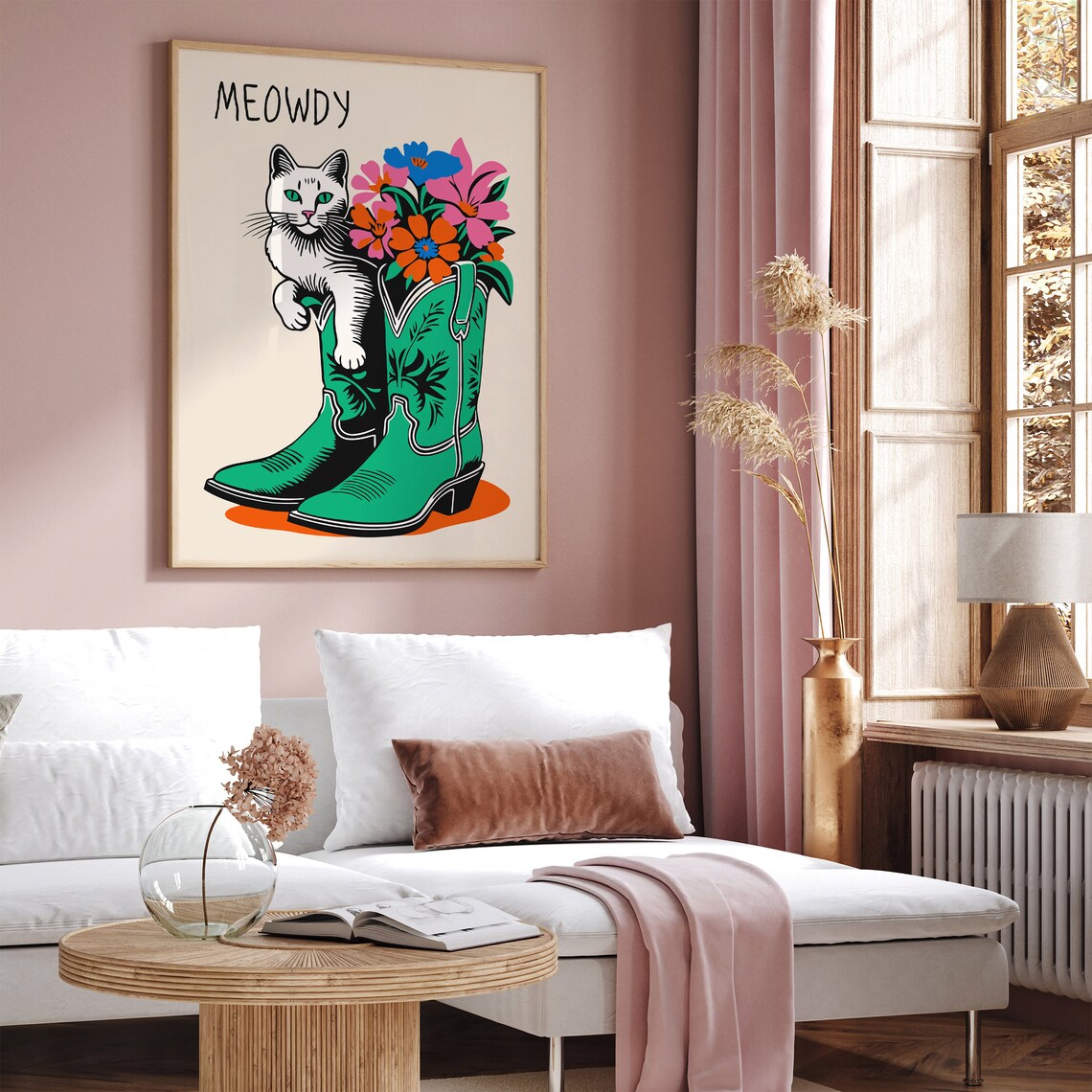 Meowdy Funny White Cat Green Cowboy Boots Wildflower Art Poster - Image 6