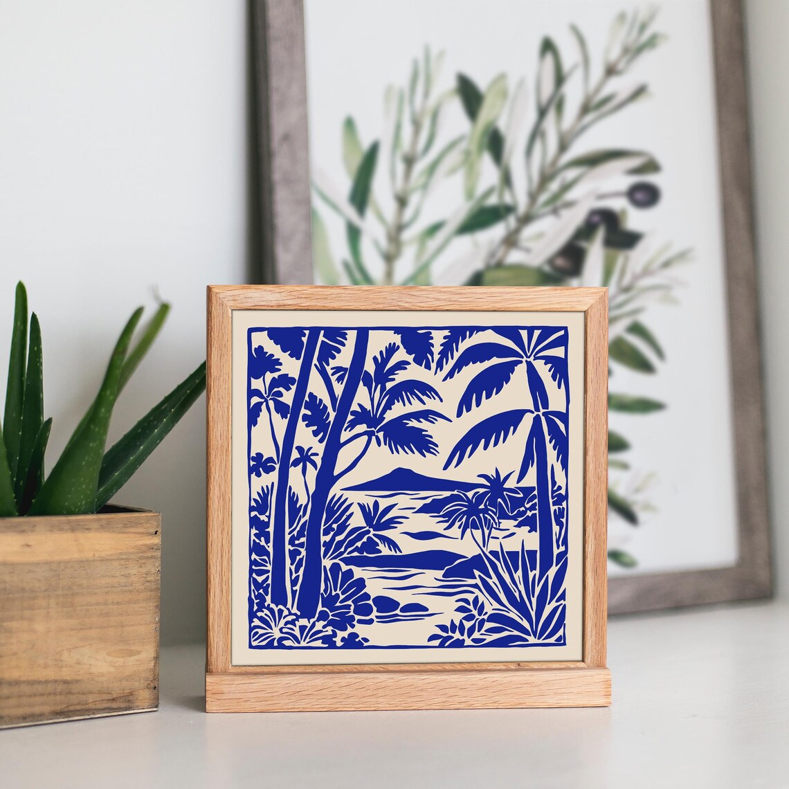 Hawaii Blue Ink Palm Lagoon Linocut Tropical Travel Art Poster - Image 4