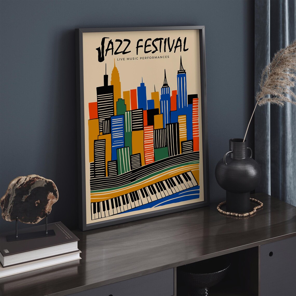 Jazz Festival Live Music Colorful City Skyline Piano Keys Art Poster - Image 2