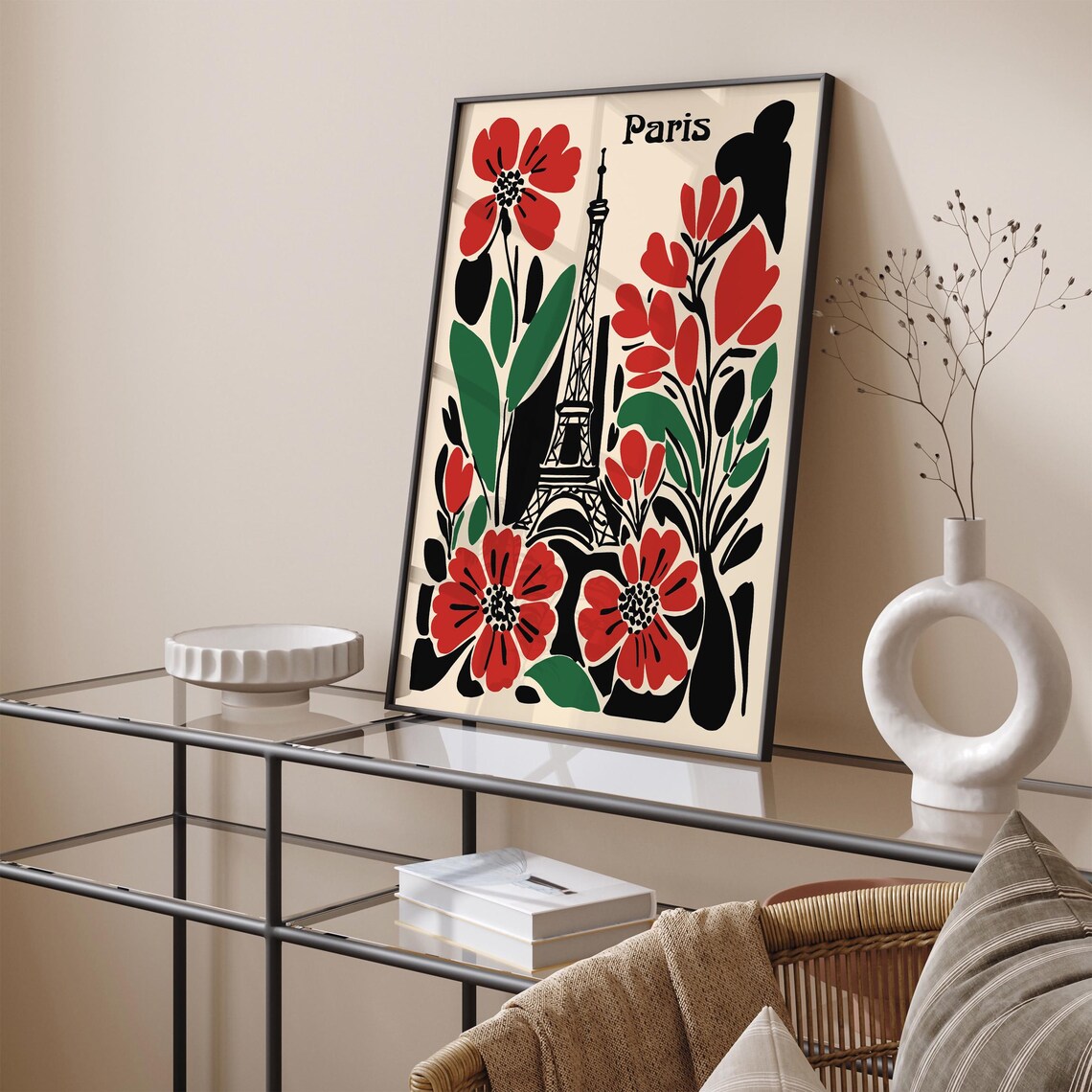 Bold Matisse Style Paris Eiffel Tower Red Floral Flower Art Poster - Image 5