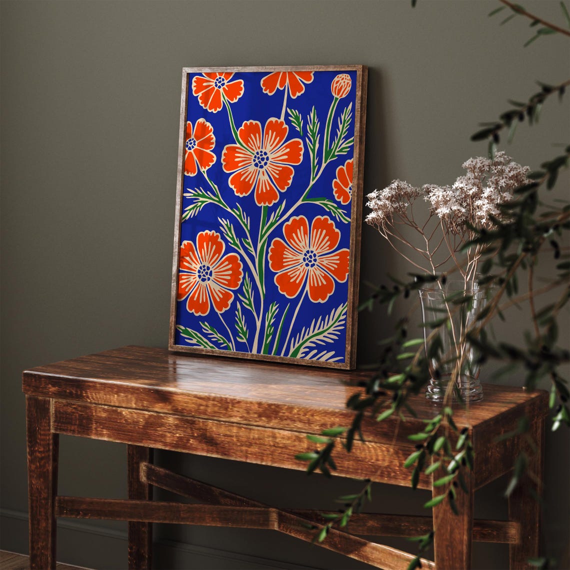 Beautiful Red Orange Flowers on Cobalt Blue Botanical Poster - Image 4