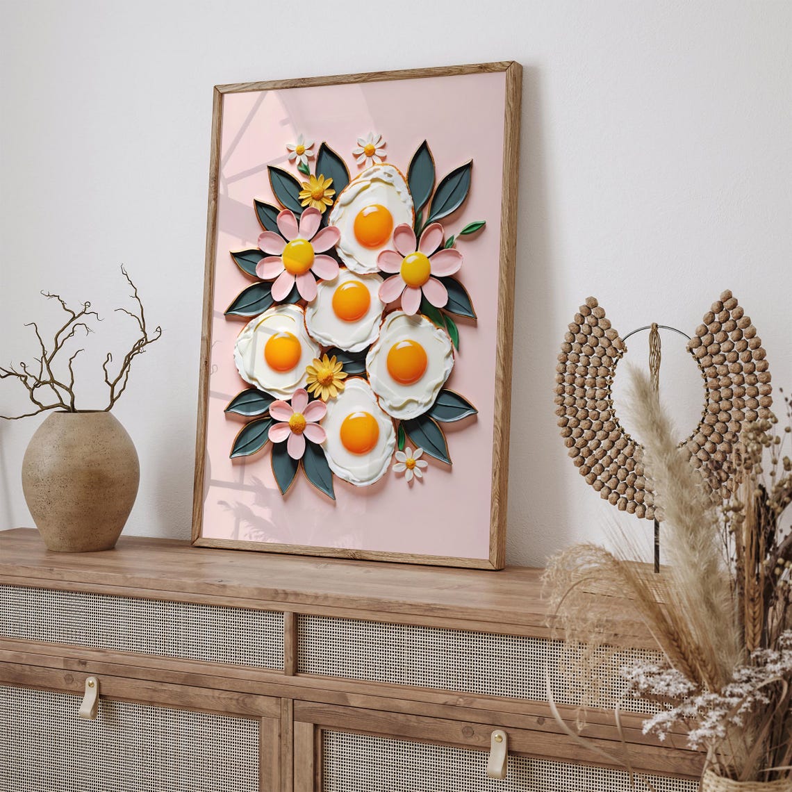 Fried Eggs and Pink Flowers Quirky Blush Pink Kitchen Art Poster - Image 2