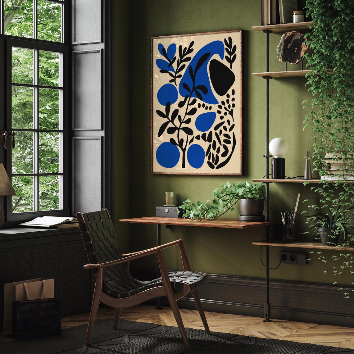 Blue Black Abstract Floral Shapes Modern Boho Botanical Print - Image 4