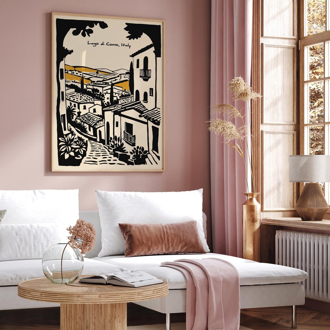 Romantic Lago Di Como Italy Village Street Poster In Black Ink - Image 3