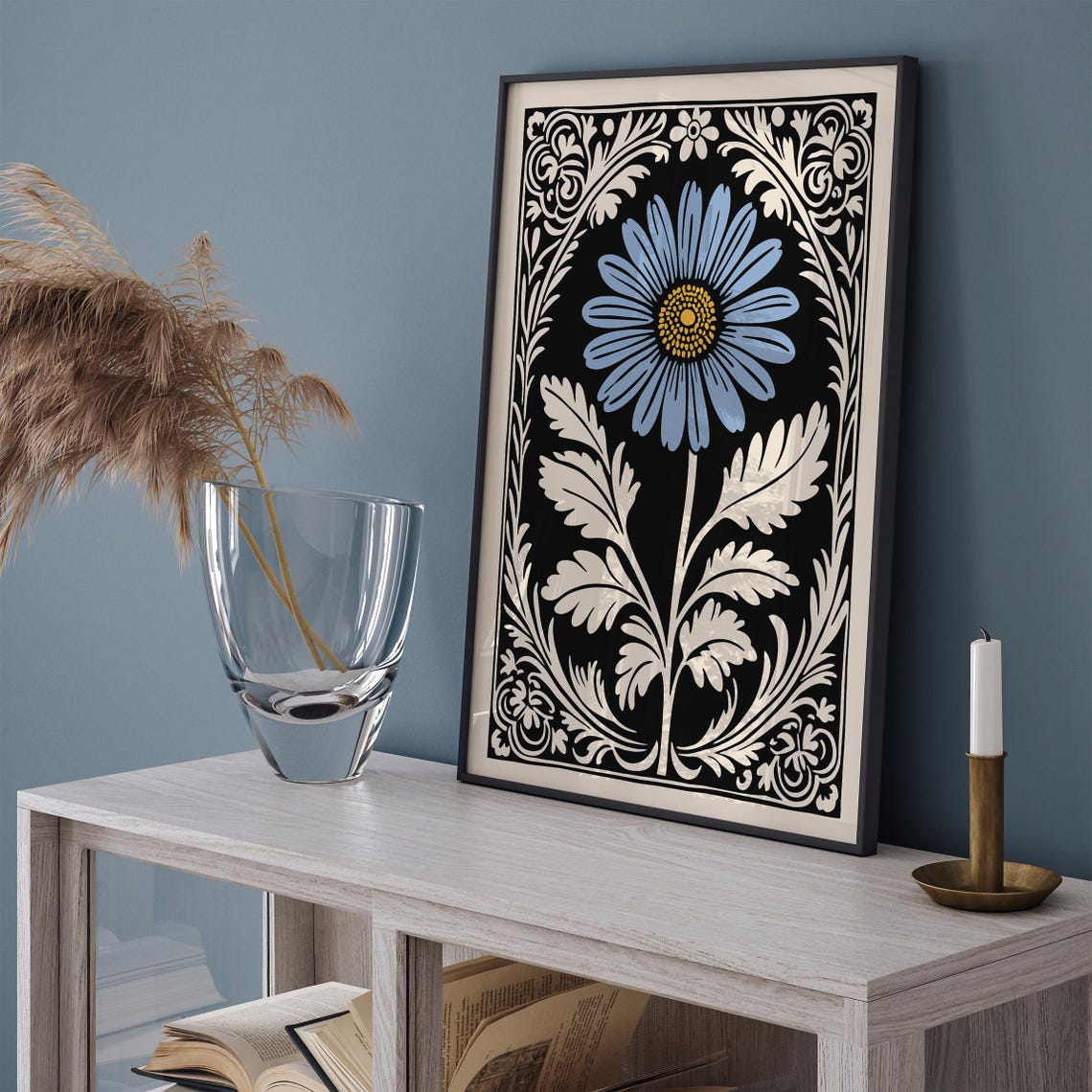 Blue Daisy Black Rococo Floral Vintage Style Botanical Poster - Image 4