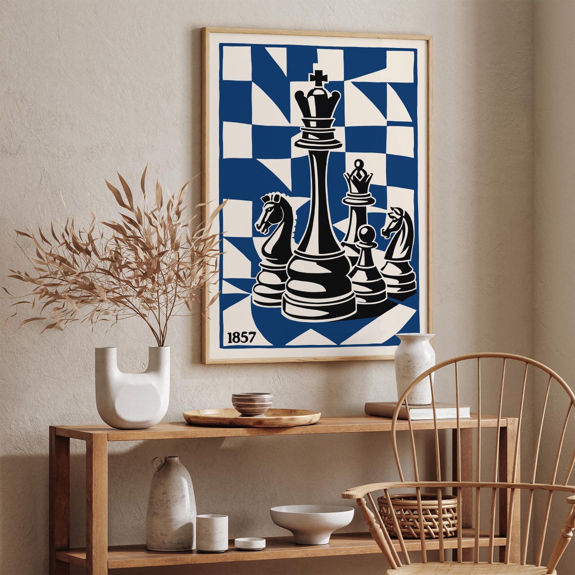 1857 Blue Chess Pieces King Queen Knights Retro Game Art Poster - Image 2