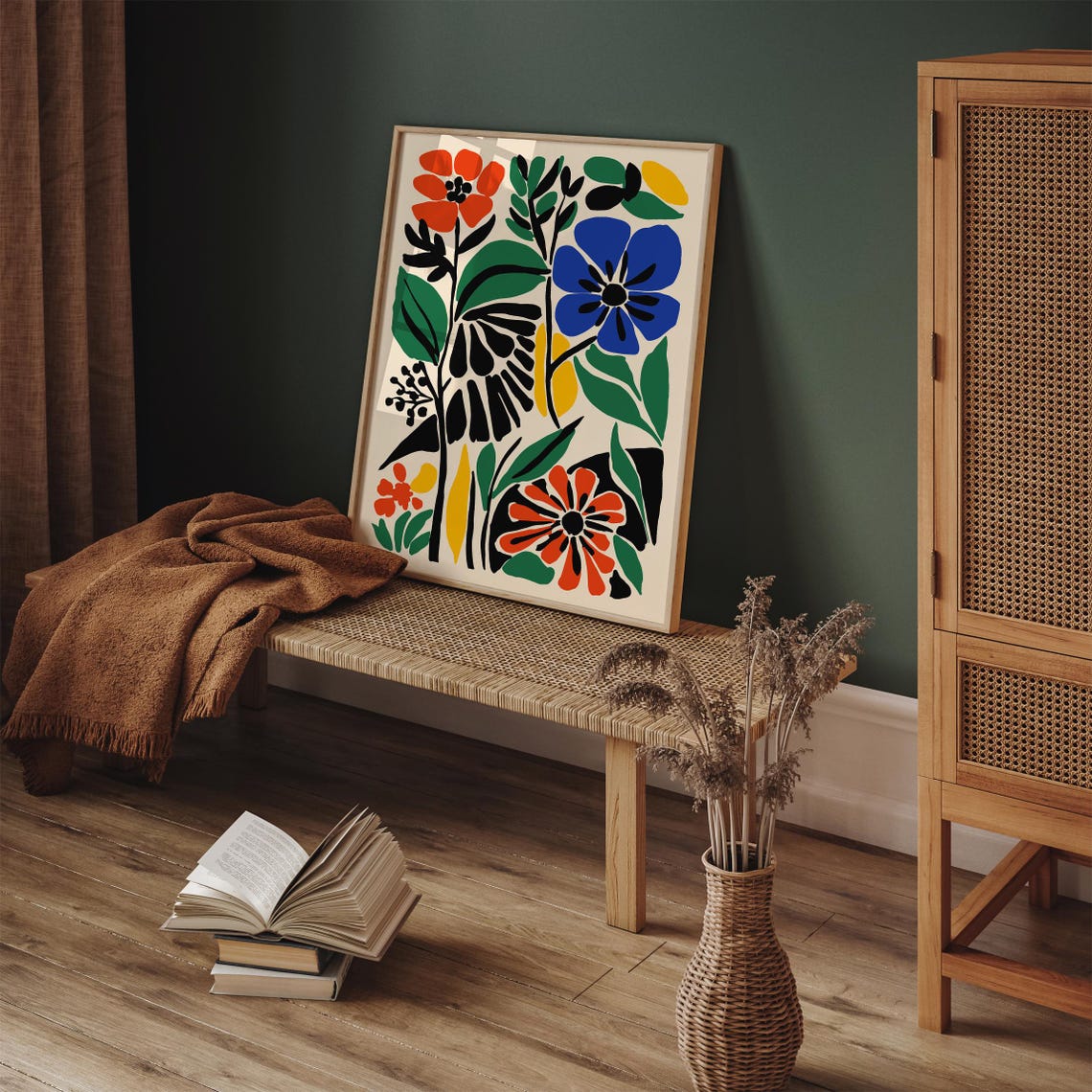 Bold Graphic Flower Garden Poster Red Blue and Yellow Abstract Blooms - Image 3