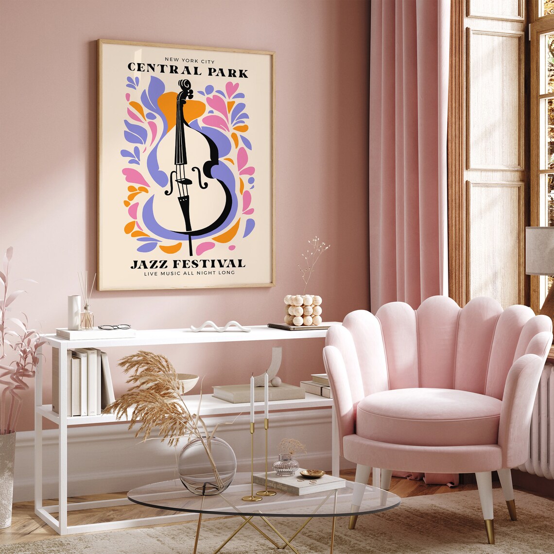 Central Park NYC Jazz Festival Double Bass Floral Live Music Poster - Image 2