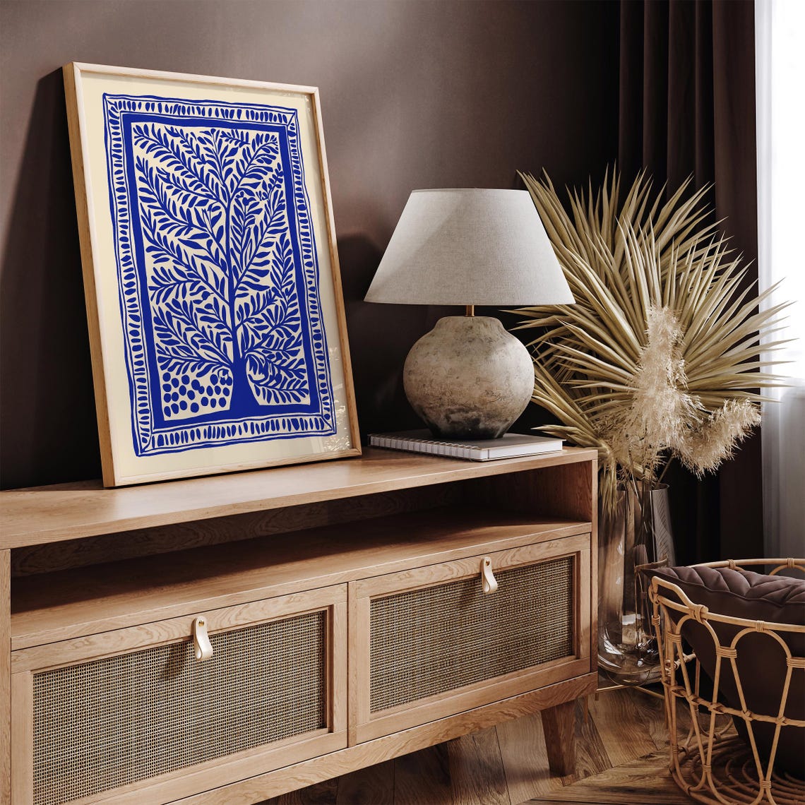 Blue Tree Of Life Botanical Linocut Style Poster With Border - Image 2