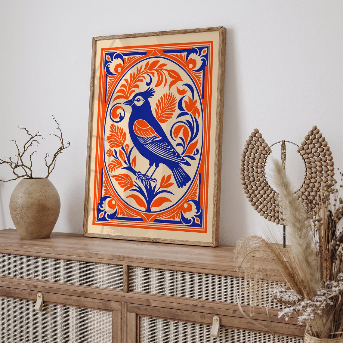 Blue Bird in Orange Rococo Oval Frame Folk Bird Vintage Poster - Image 3