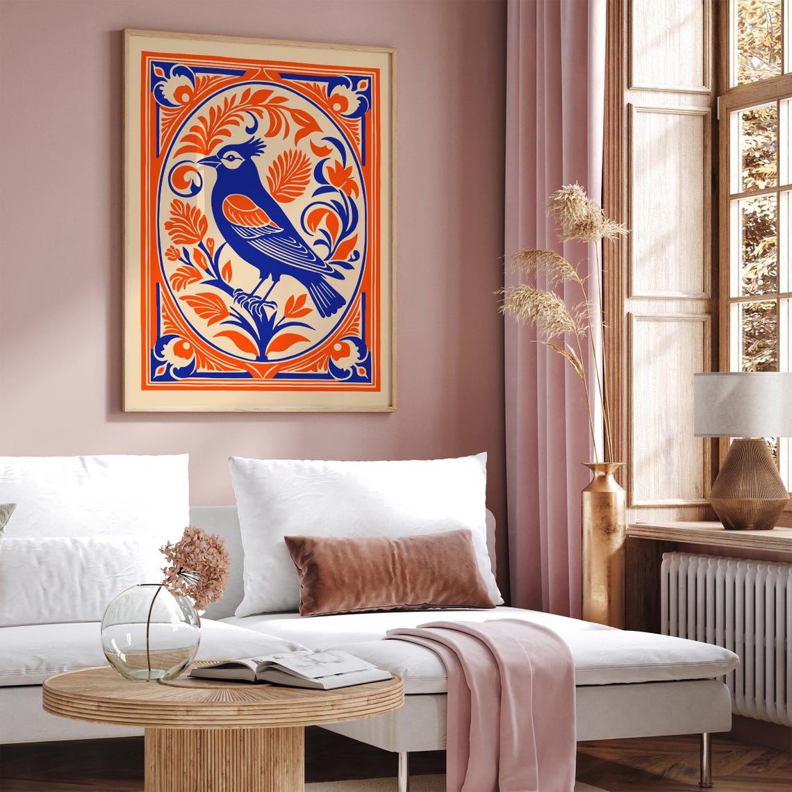 Blue Bird in Orange Rococo Oval Frame Folk Bird Vintage Poster - Image 2