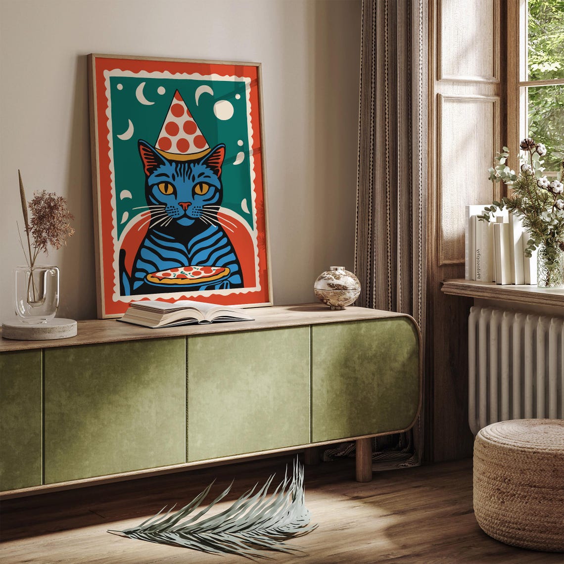 Blue Cat Pizza Party Hat Retro Pop Art Funny Animal Art Print - Image 4