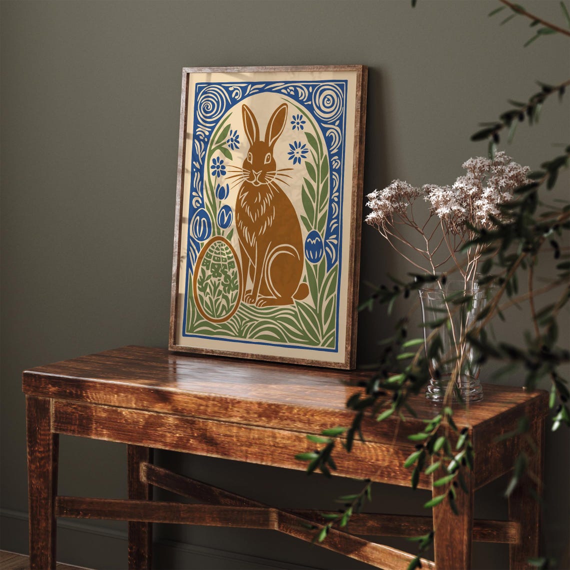 Vintage Easter Bunny Rust Brown Blue Folk Spring Holiday Art Poster - Image 4